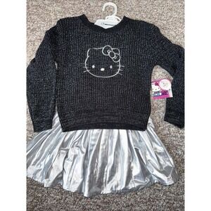 Hello Kitty Sparkly Black Kids Sweater & Silver Skirt Set Size 5/6 New With Tags